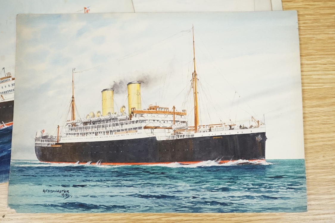 A F D Bannister, set of six original watercolours for postcard designs, Ocean going vessels to include Otranto, Orient Line, Highland Monarch Royal Mail Line and Arandora Star Blue Star Line, each with original pencil in